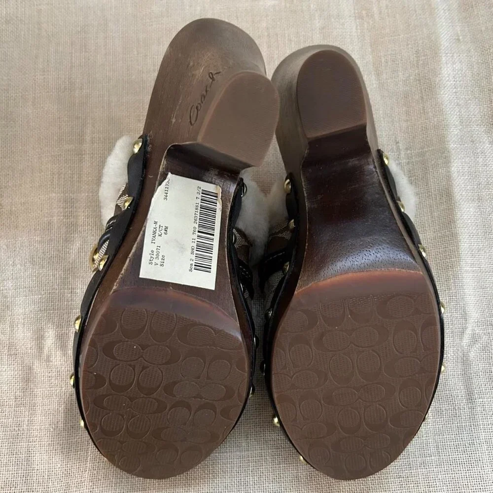 COACH Monogram Shearling-Lined Wooden Clog Mules – Size 6 - Picture 4 of 4
